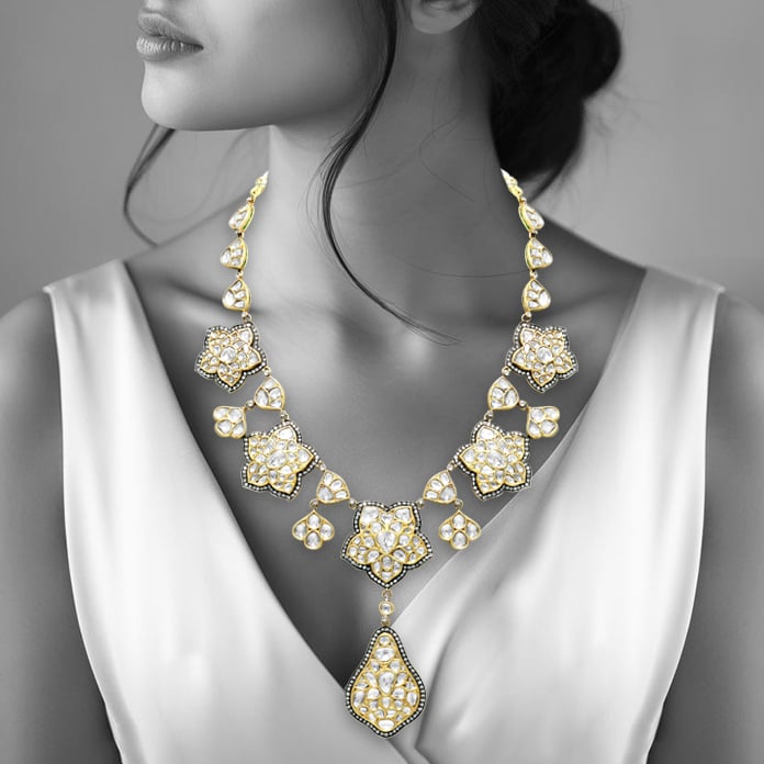 Victorian-Style Polki Necklace with Teardrop Pendant